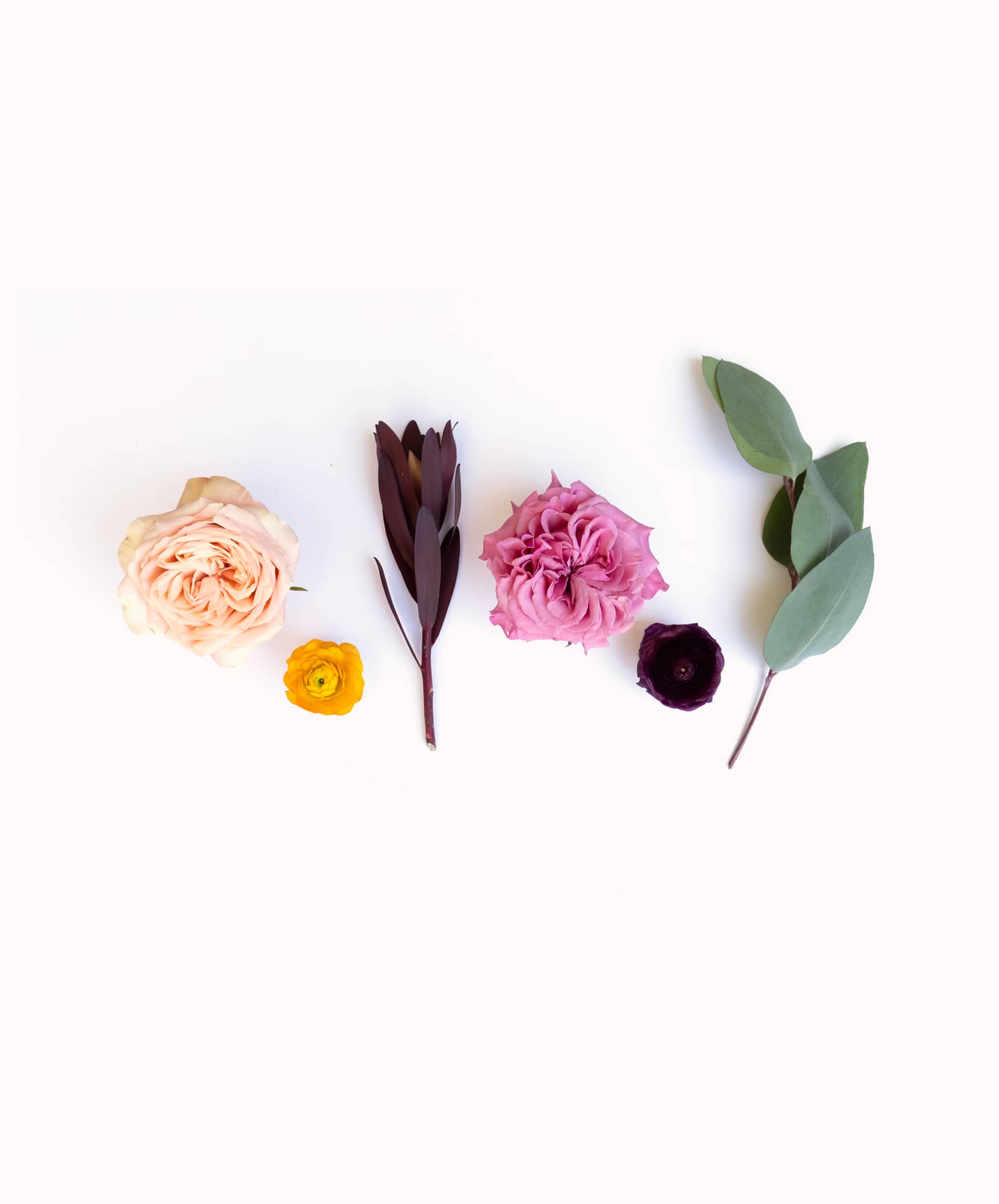 Delicate floral arrangement featuring pastel roses, ranunculus, and green eucalyptus leaves.