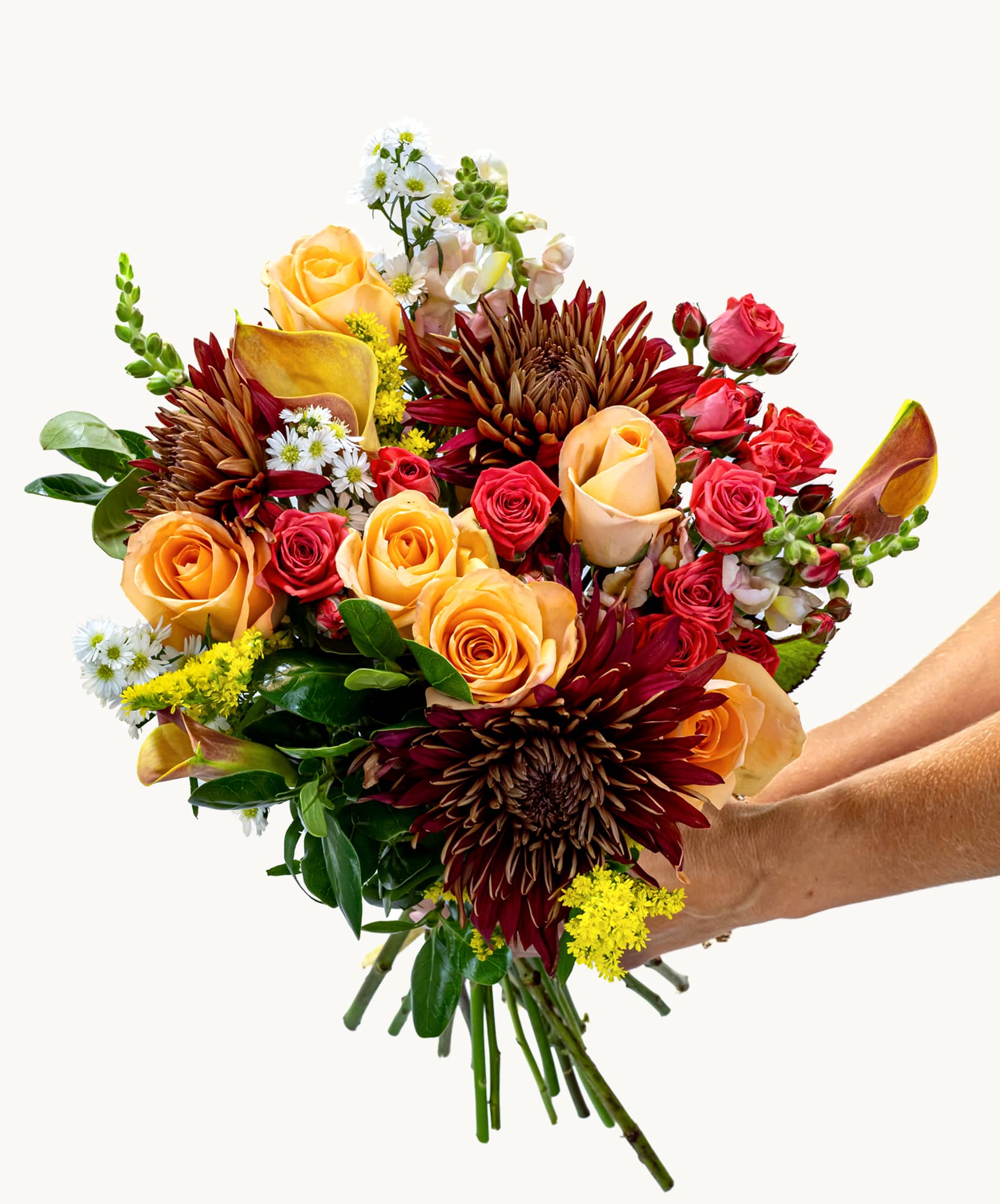 Vibrant bouquet featuring orange and red roses, sunflowers, and greenery for every occasion.